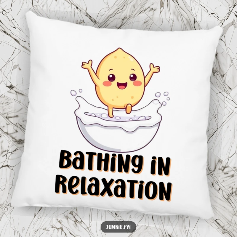 Funny pillow featuring a gleeful food character with tiny legs leaping into a foamy milk bath, offering comfort and humorous charm.