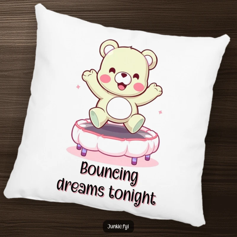 Funny pillow design of a happy gummy bear character bouncing on a marshmallow trampoline. Soft and amusing.