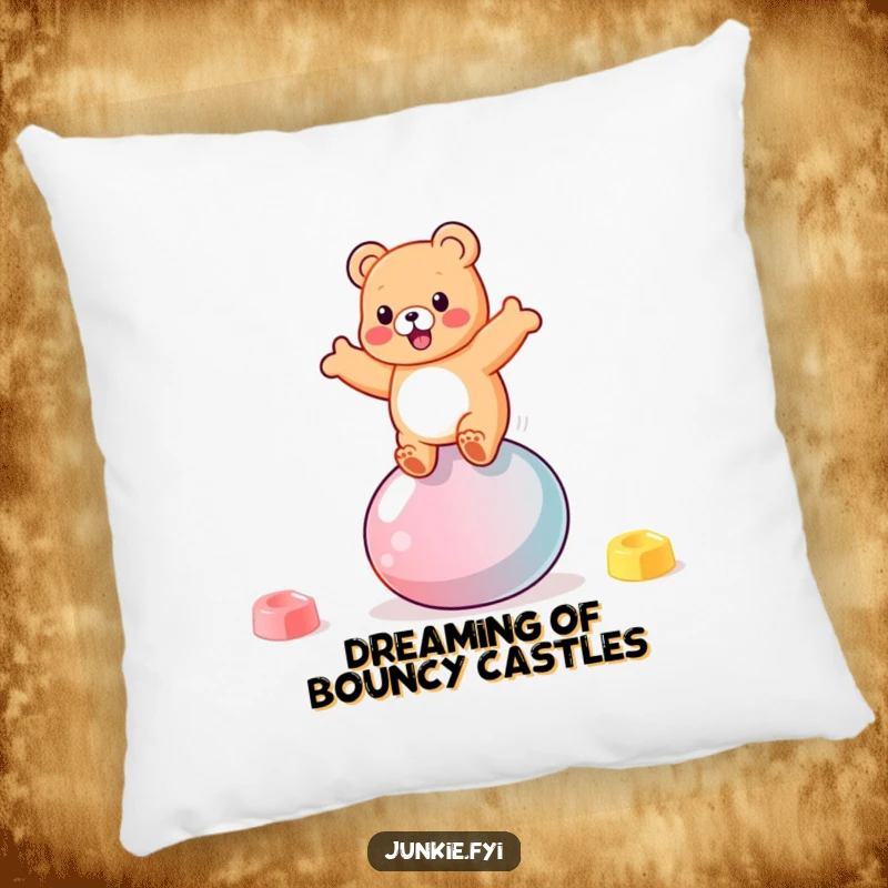 Funny gummy bear character bouncing gleefully on a giant jellybean on a plush, comfortable pillow.