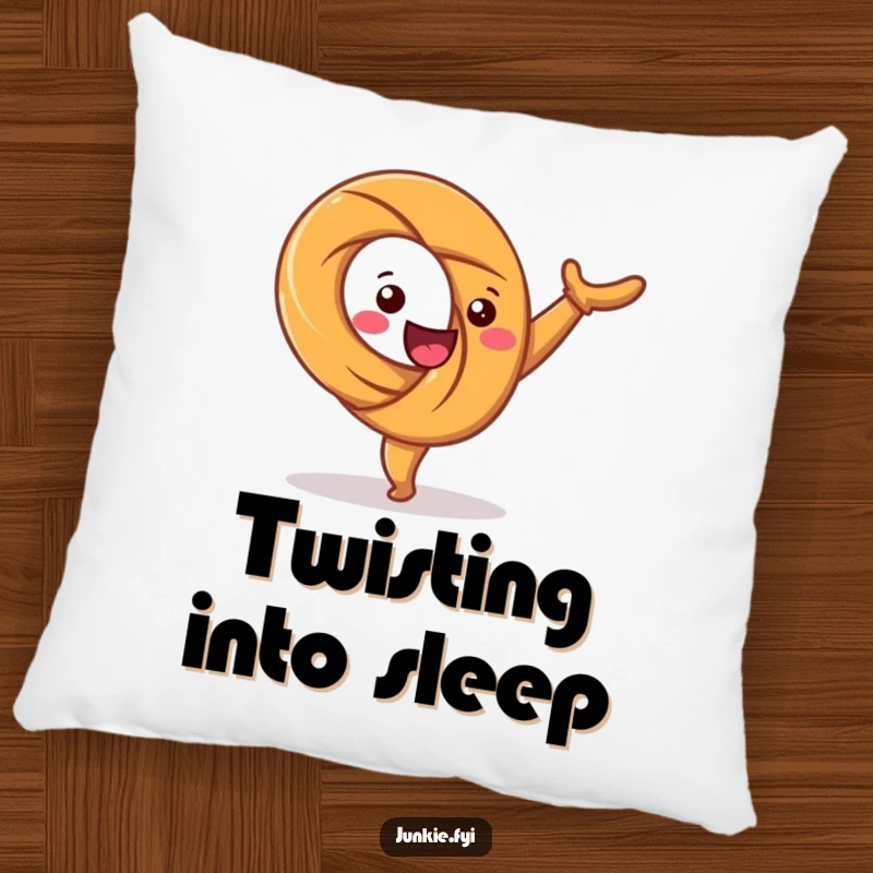 Funny pillow with a happy pretzel character twisting joyfully in a cartwheel. Soft, comfy, and full of playful energy.