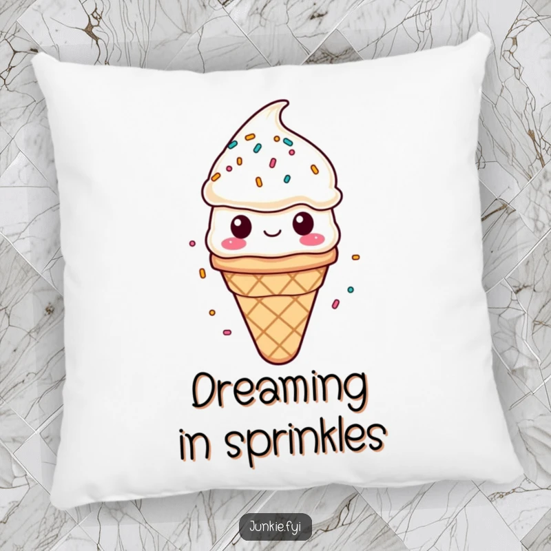 Funny pillow design of a content ice cream cone character showered by falling sprinkles. Soft and amusing.