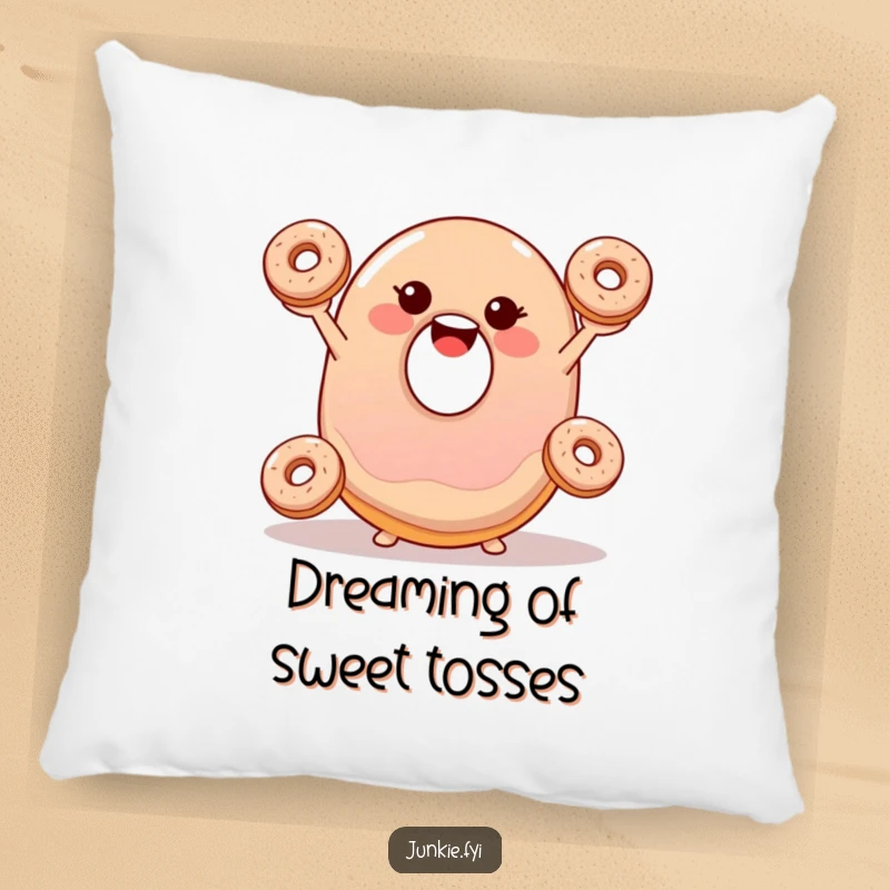 Funny pillow with a smiling, wobbly jelly donut happily juggling three tiny donuts, a soft and humorous accent.