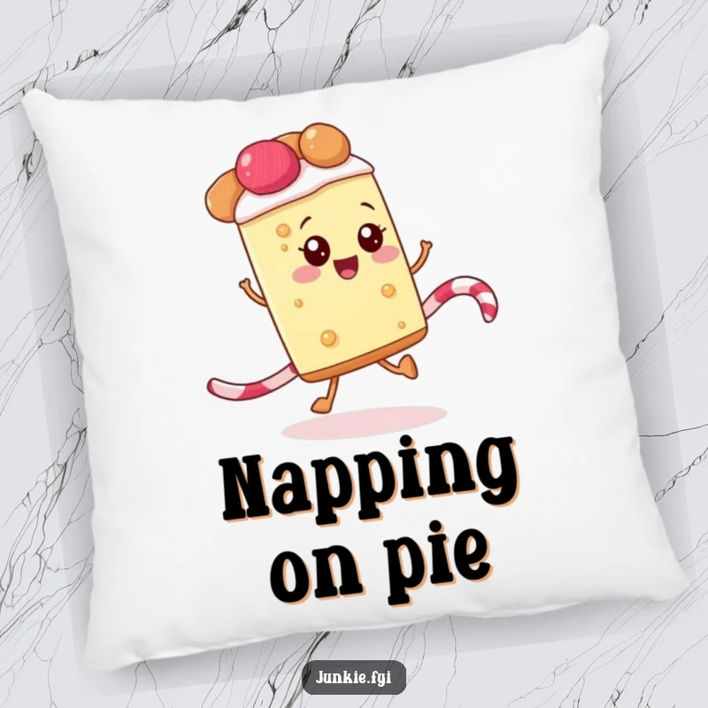 Funny pillow featuring a happy slice of pie skipping along a licorice rope, offering cozy comfort and a sweet smile.
