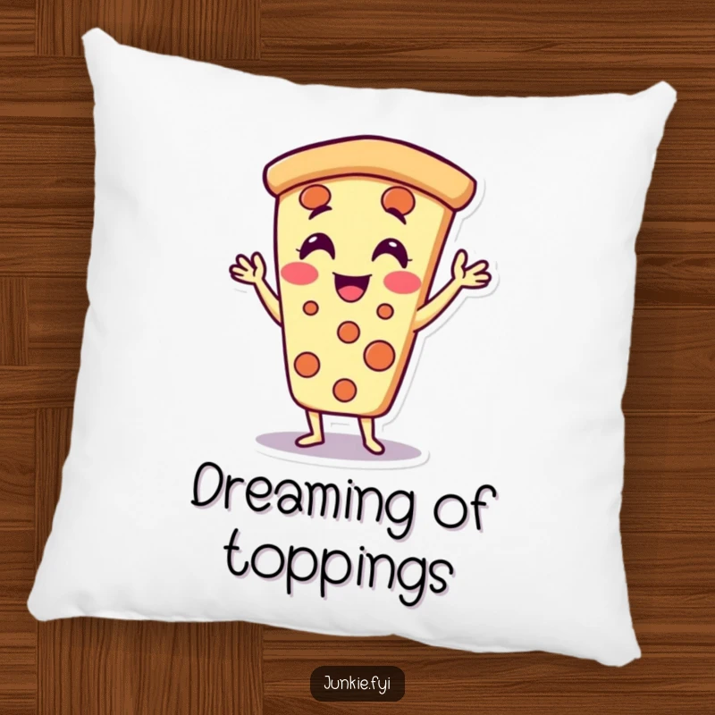 Funny pizza slice pillow character, doing jazz hands with delight, offering comfort and pizza-themed humor.