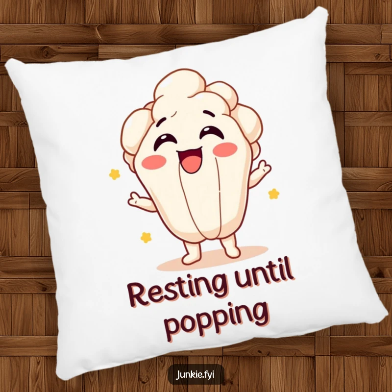Funny popcorn kernel character giggling and bursting with joy on a soft pillow, bringing comfort and cheer.