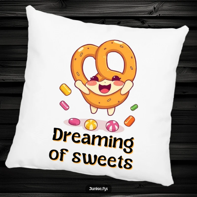 Funny pretzel character happily catching candy pieces on a soft pillow, bringing comfort and a smile.