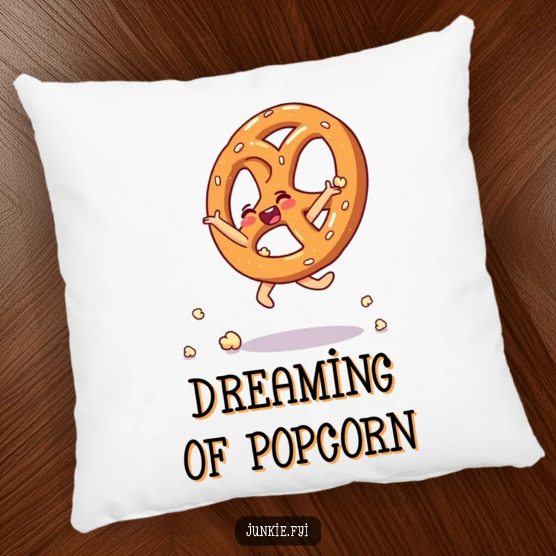 Funny pillow featuring a thrilled pretzel doing a cartwheel made of popcorn kernels.