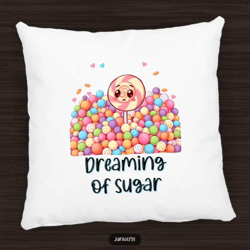 Funny pillow design of a surprised lollipop character looking at an immense stash of sweets. Comforting and comical.