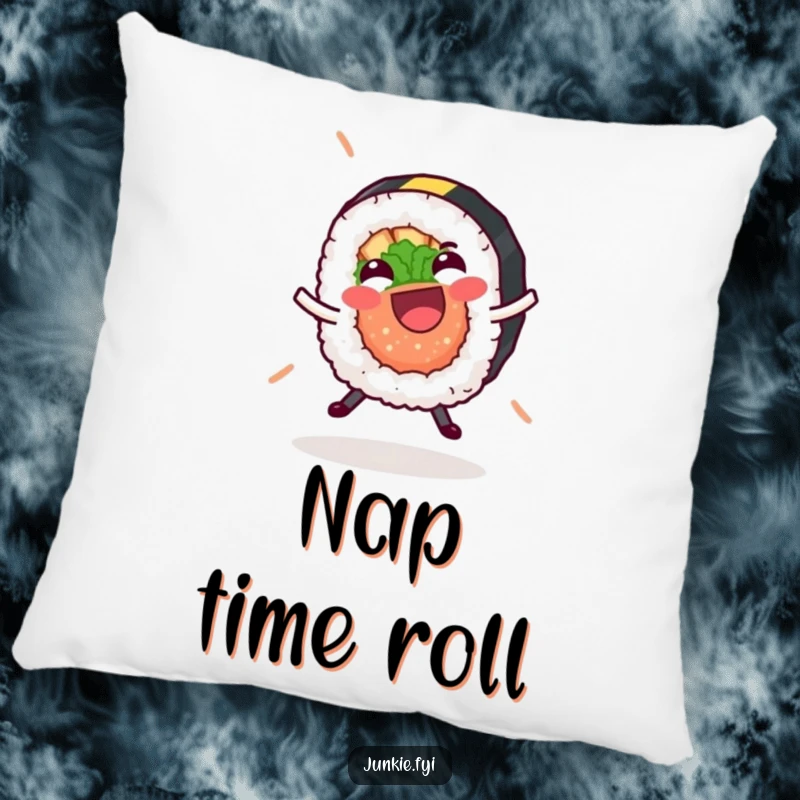 Funny sushi roll pillow, depicted mid-cartwheel with a happy expression and a loose nori strip, a soft and humorous accent.