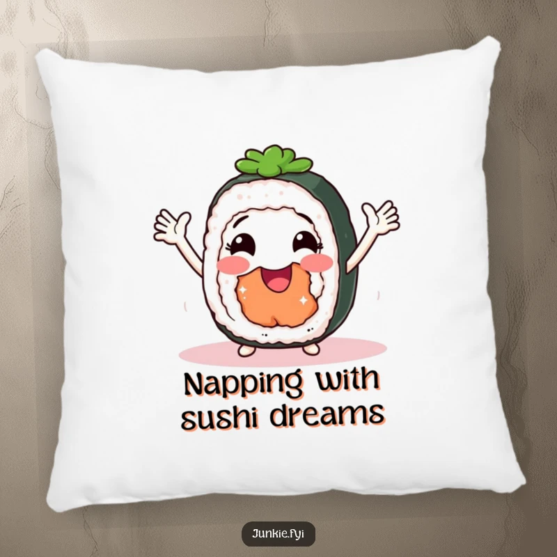 Funny Pillow showcasing a smiling sushi roll with arms doing a joyful shimmy, perfect for adding comfort and laughter.
