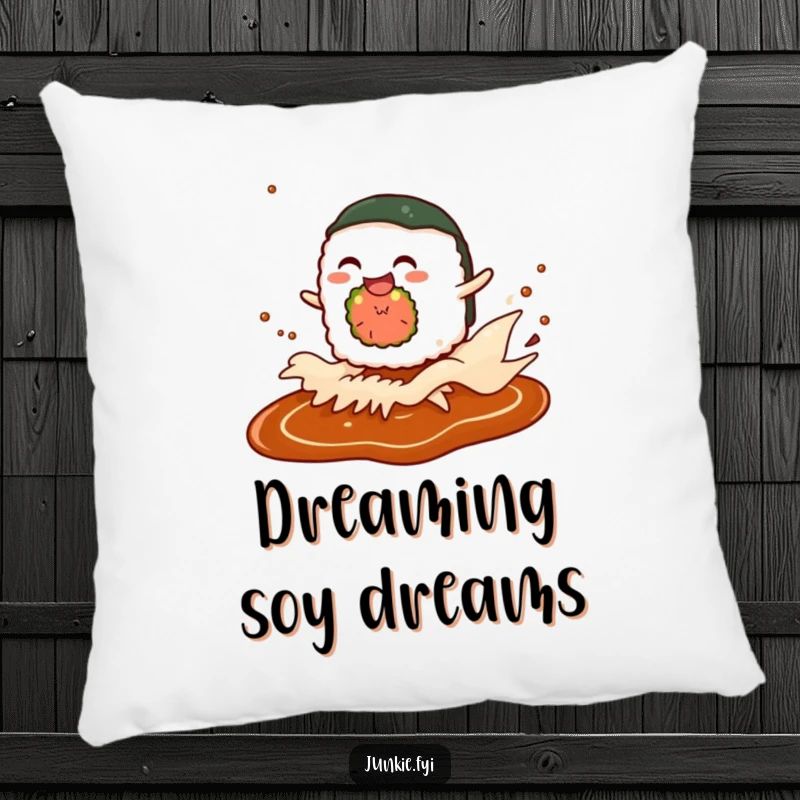 Funny pillow featuring a giggling sushi roll character riding a soy sauce wave, designed for comfort and humorous decor.