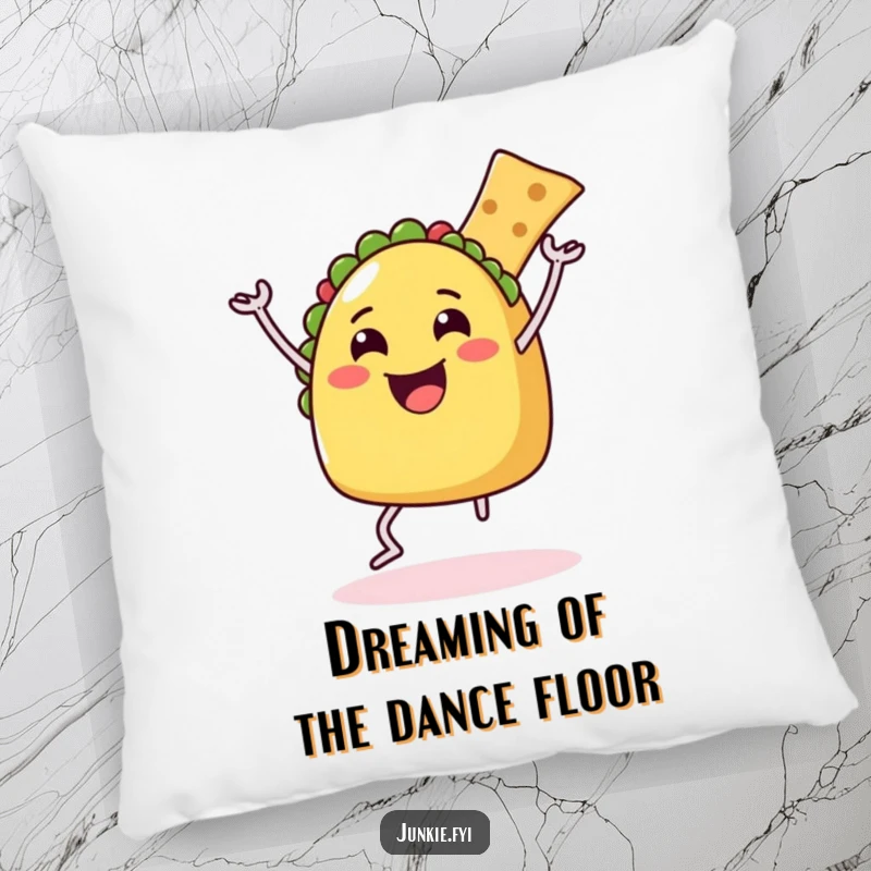 Funny Pillow featuring a happy taco with legs engaged in a delighted dance with a chip, offering comfort and cheer.