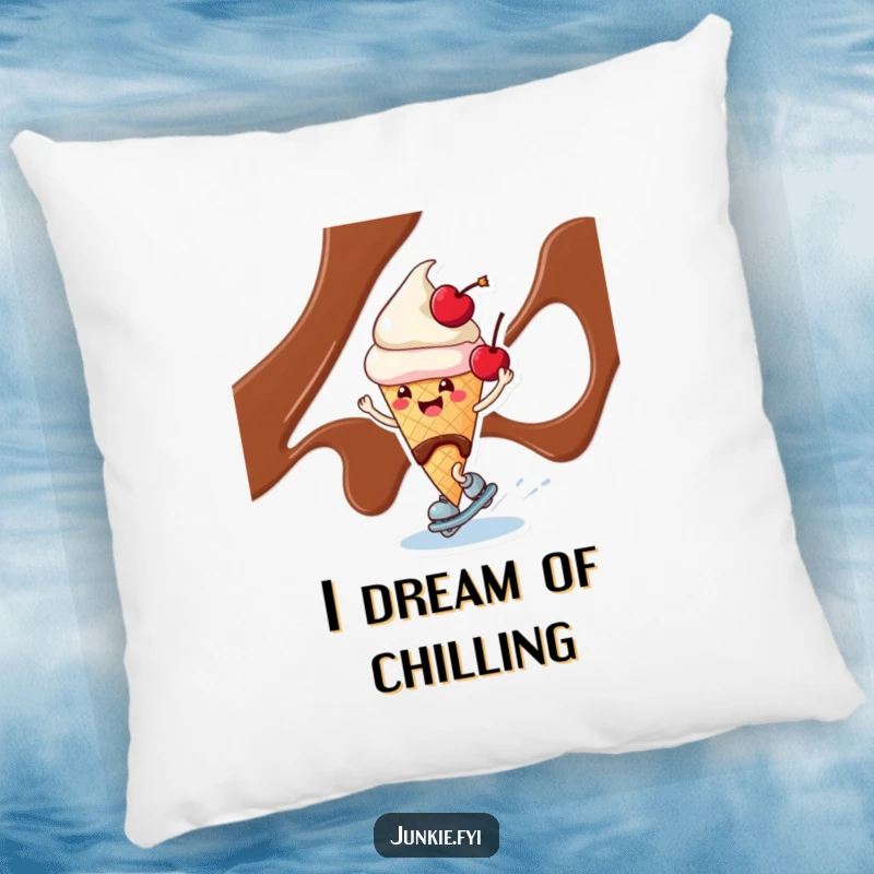 Funny ice cream cone character with a cherry, skating on chocolate syrup, printed on a plush, comfortable pillow.