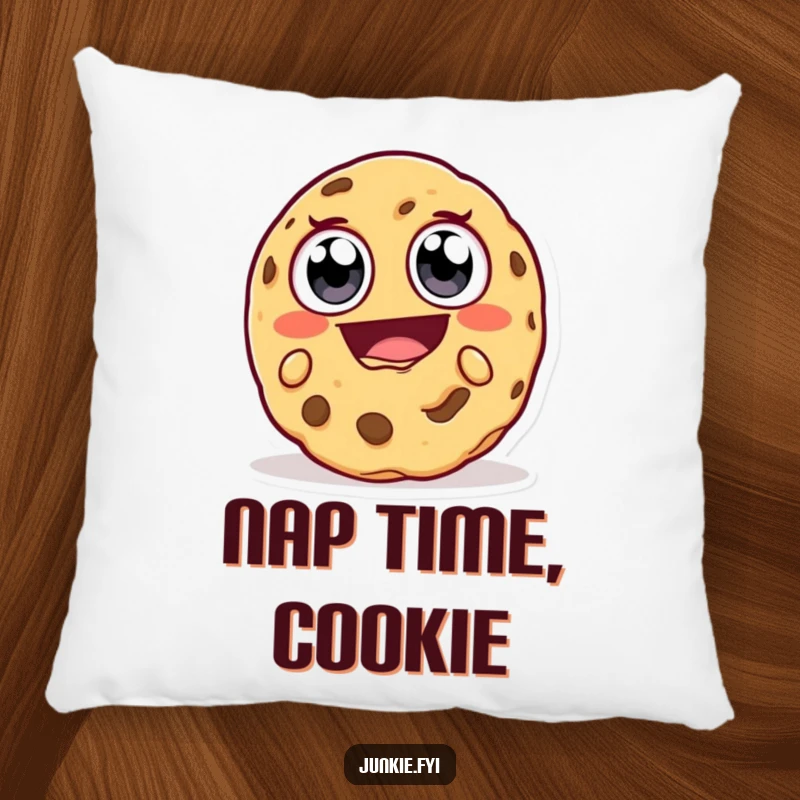 Funny Pillow: A cookie character with big eyes is taking a huge, delighted bite, bringing humorous comfort and snack-time joy.
