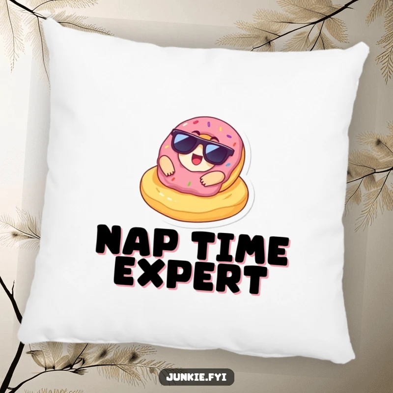 Funny Pillow featuring a delighted donut in sunglasses lounging on a giant chip, providing soft comfort and a touch of snack-themed humor.