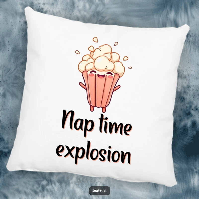 A popcorn kernel bursts upwards with joyful abandon on this soft, funny throw pillow.