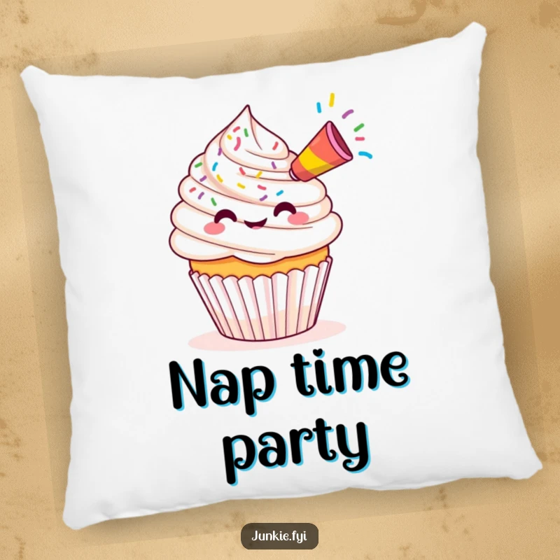 Funny Kawaii cupcake blowing colorful sprinkles from a party horn, soft and plush pillow for decoration.