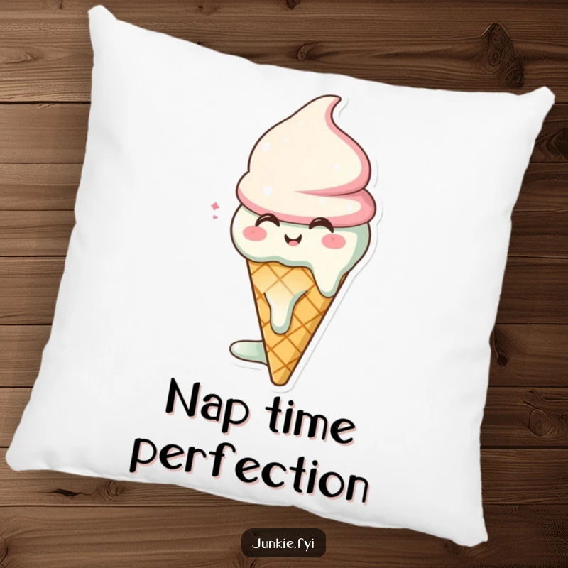 Funny ice cream cone pillow character, melting with happy sighs, offering soft comfort and sweet humor.