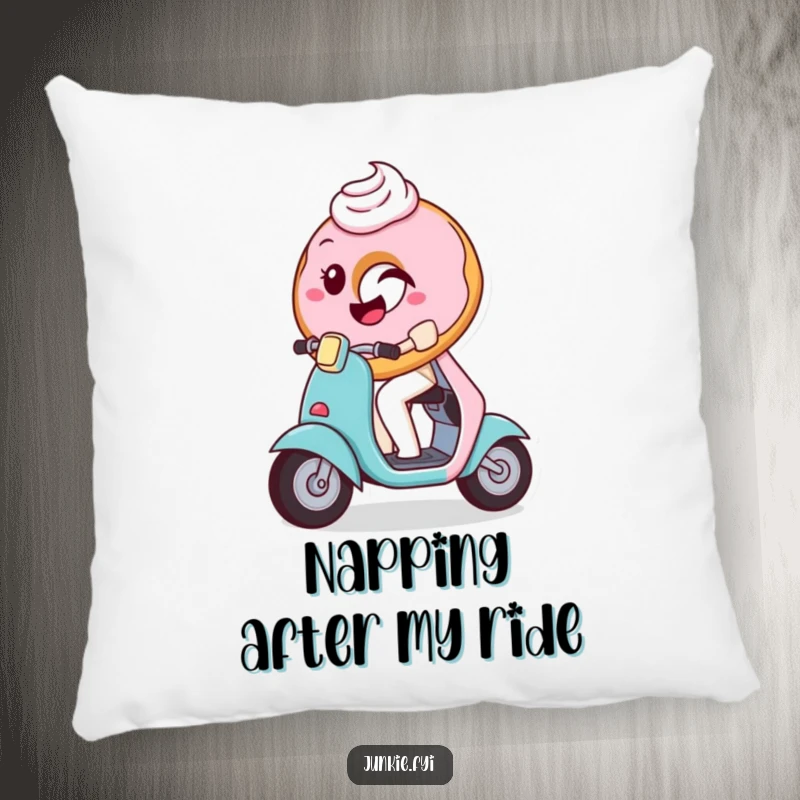 Funny Pillow showcasing a playful donut with frosting winking while on a tiny scooter, perfect for cozying up with smiles.