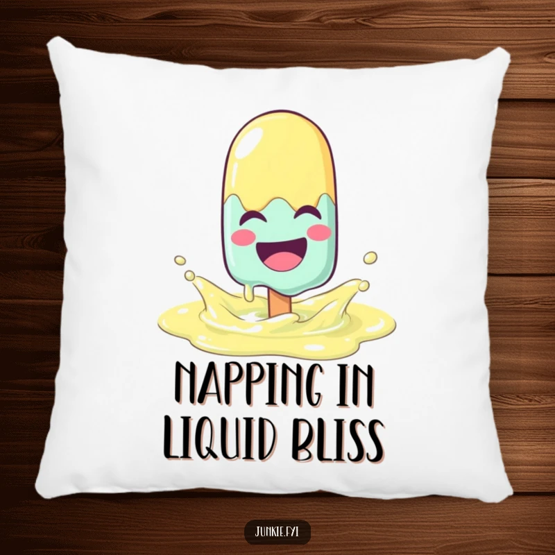 Funny popsicle character melting with joy, splashing in a lemonade puddle on a plush, comfortable pillow.