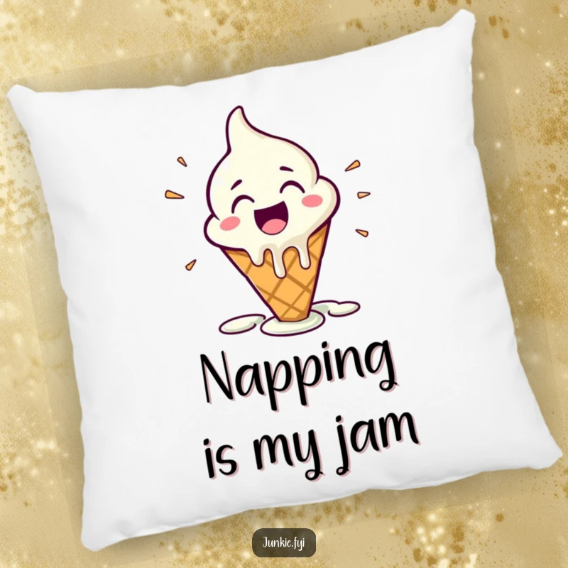Funny Pillow featuring a melting ice cream cone character overwhelmed with happy glee, offering soft comfort and a sweet decorative touch.