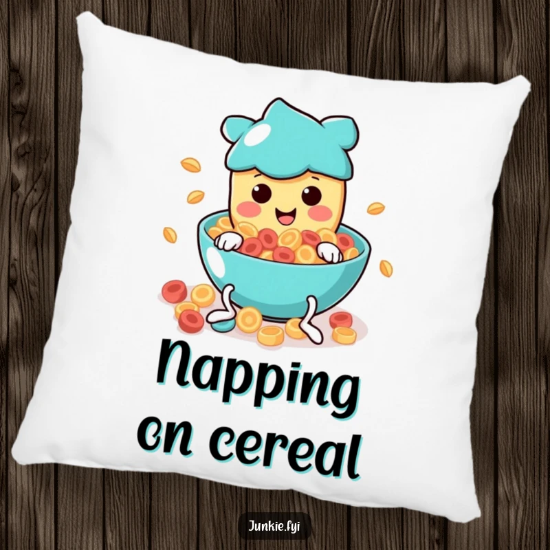 Funny Pillow: A happy food character with wiggly legs makes a cheerful dive into a big bowl of swirling cereal.