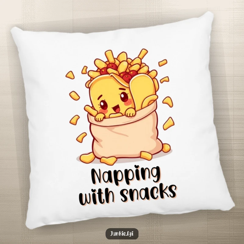 Funny pillow featuring a curious taco character peeking from a chip bag, designed for comfort and humorous decor.