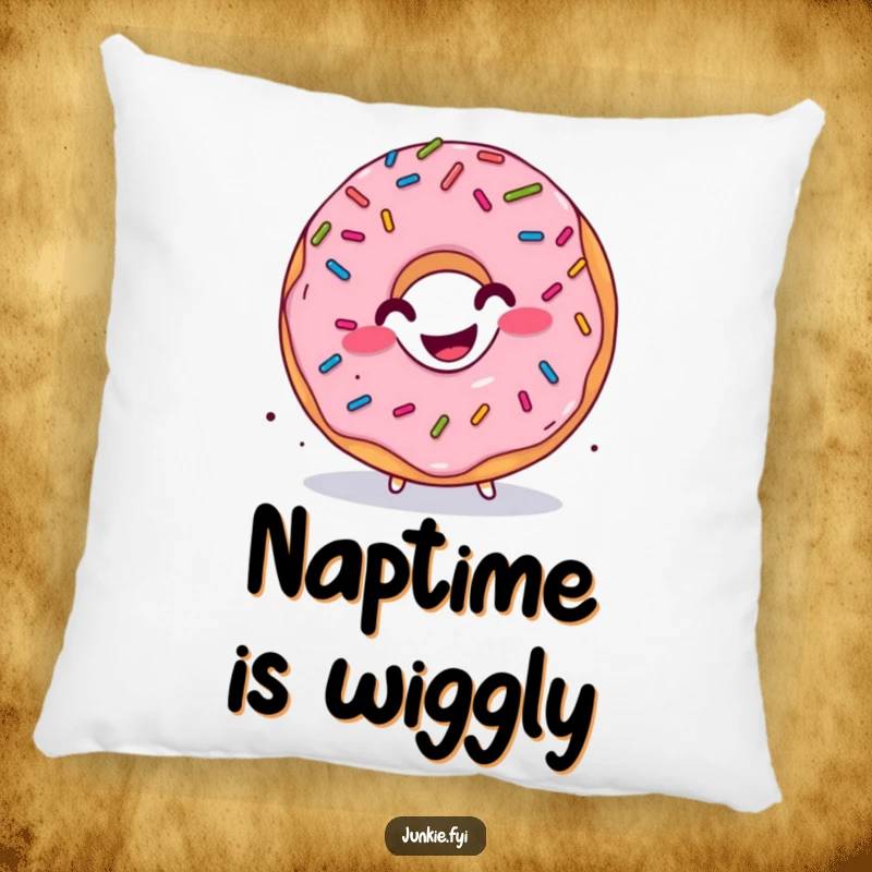 Funny donut pillow, sprinkles falling, character doing a happy wiggle, soft and cheerful home decor.