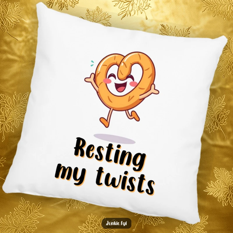 Funny pretzel pillow, a smiling character joyfully jumping with a sprinkle of salt, soft and deliciously fun.