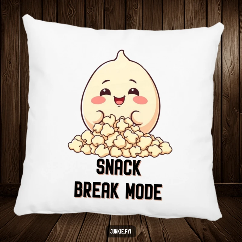 Funny Pillow: A happy food character with a wide grin happily munches on a huge pile of popcorn.