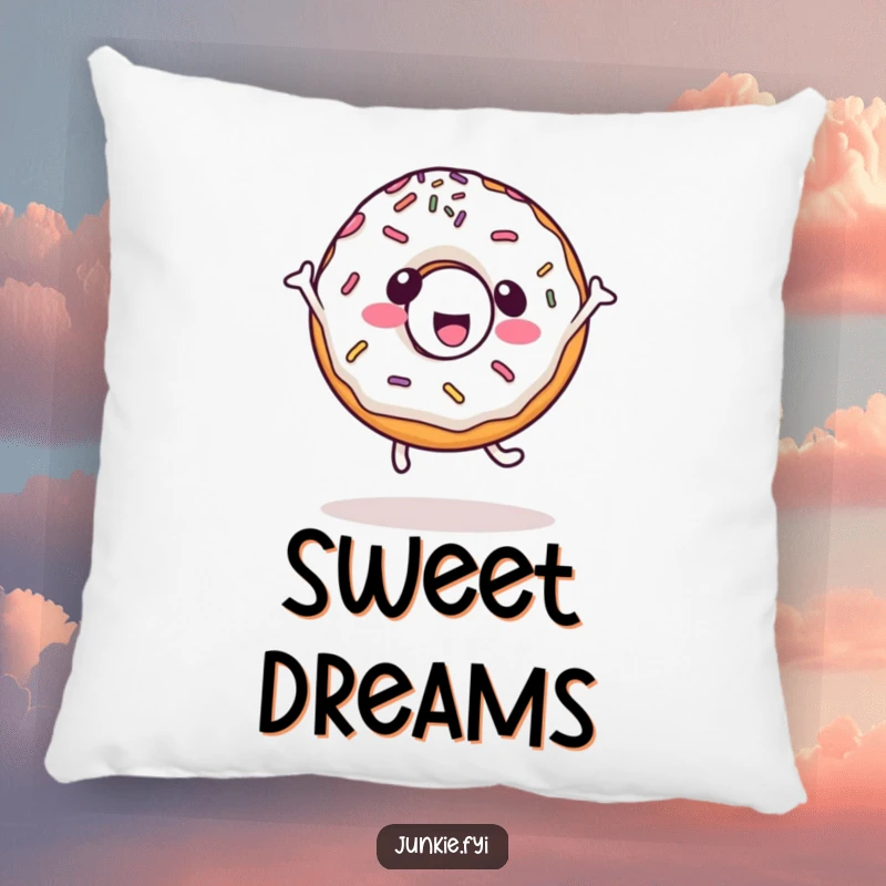 Funny kawaii pillow featuring a happy donut character with sprinkles doing a cartwheel, offering cozy sweetness and fun.