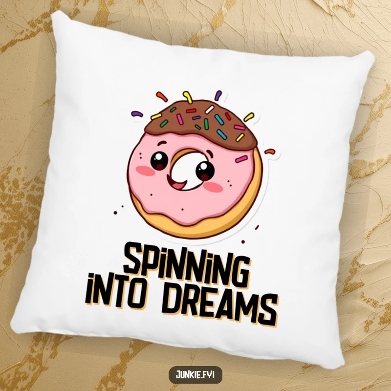 Funny donut character with sprinkle hair spinning happily on a soft pillow, bringing comfort and cheer.