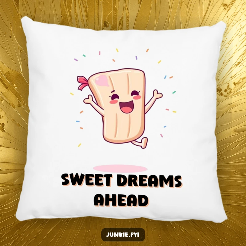 Funny Pillow: A candy bar character joyfully performs a cartwheel with sprinkles flying, bringing humorous comfort and sweet delight.