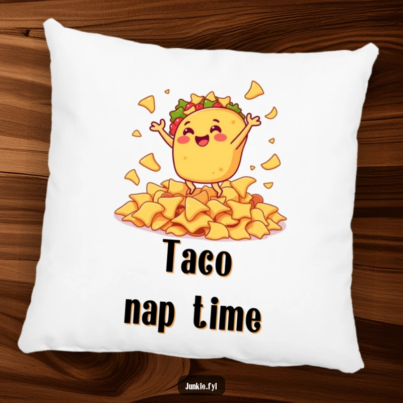 Funny pillow featuring a gleeful taco doing a joyful jig amidst a pile of delicious nacho chips.