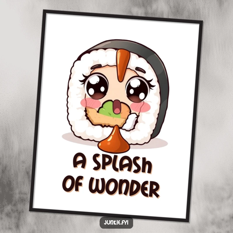 Funny digital art print of a surprised sushi roll with wide eyes, comically trying to catch a falling dollop of soy sauce.