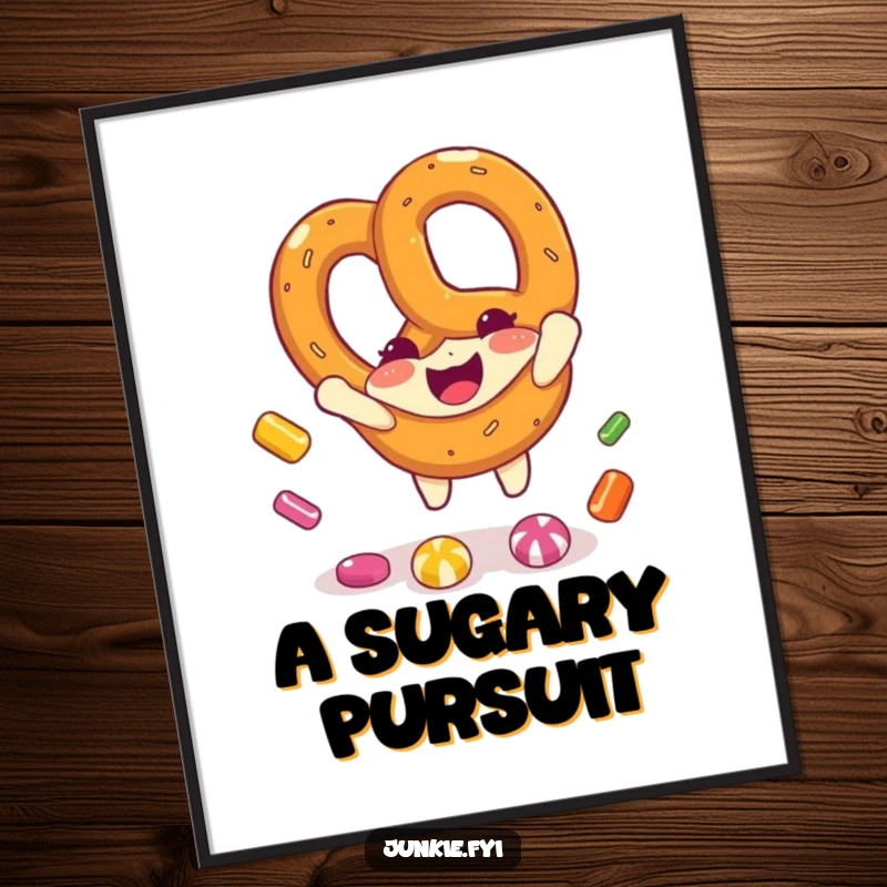 Funny pretzel character joyfully catching colorful candy pieces in a digital art print, radiating happiness and sweetness.