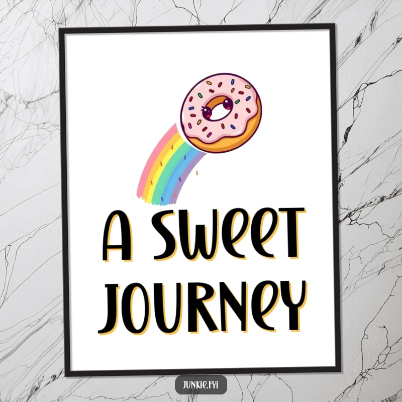 A delighted donut slides down a rainbow made of sprinkles, depicted as vibrant, funny digital art.