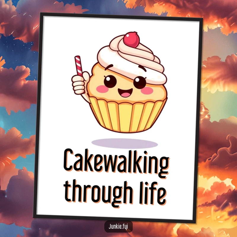 Funny digital art print of a cheerful, round cupcake giving a thumbs up with a candy stick, full of joy.