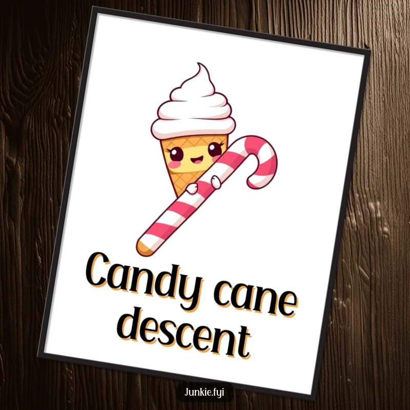 Funny Digital Art Print: Ice cream cone gleefully slides down a candy cane, a whimsical and downloadable illustration.
