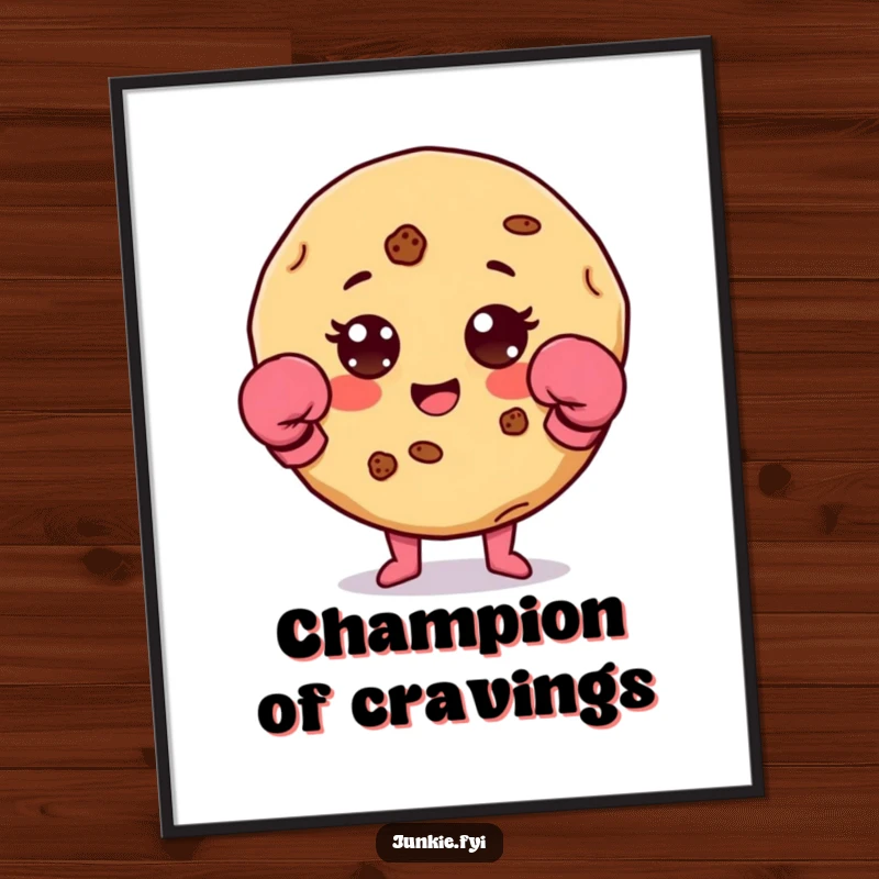 Funny cookie character with chip accents wearing tiny boxing gloves, ready for a fight, available as a digital art print.