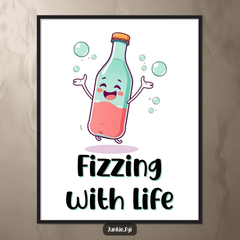 Funny Digital Art Print: A giggling soda bottle character dances with excitement and bubbles, creating a humorous and effervescent visual.