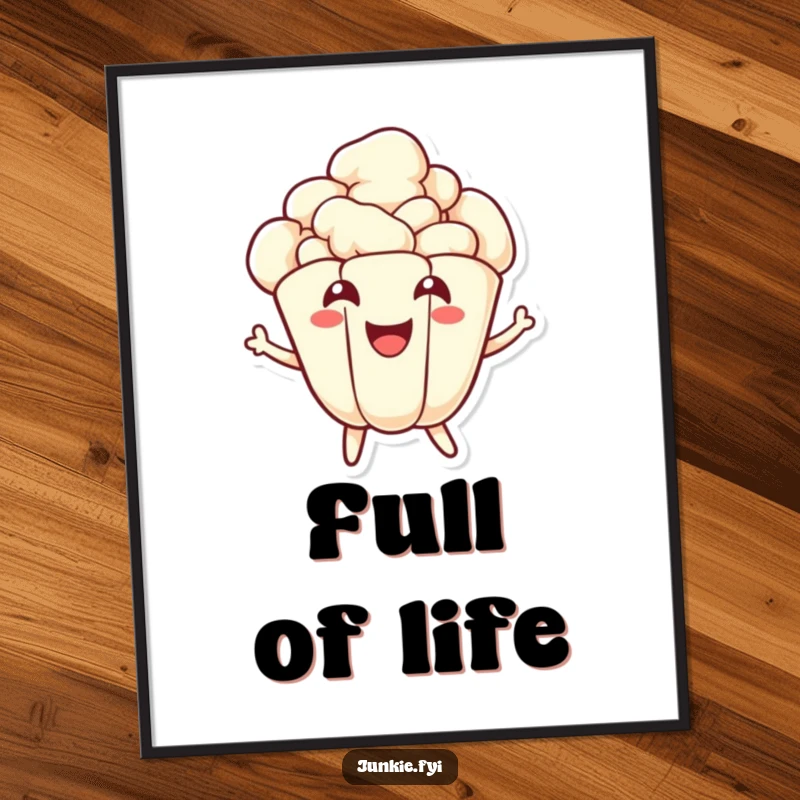 Funny popcorn digital art print of a joyful kernel character energetically popping with a wide smile, radiating movie-time cheer.