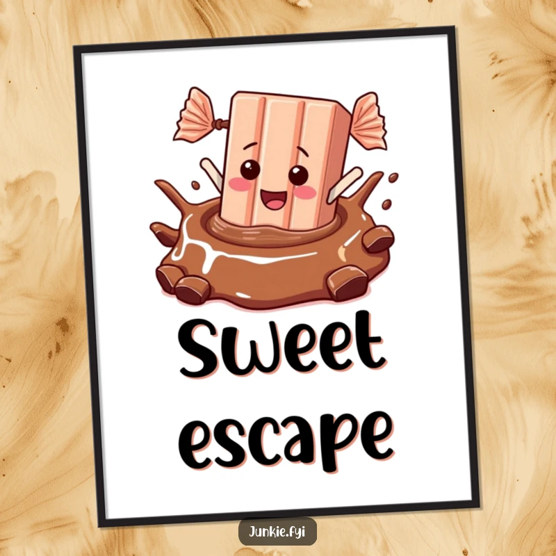 A giddy candy bar enthusiastically dives into a pool of chocolate, depicted as vibrant, funny digital art.