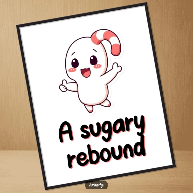 Funny candy cane character boomeranging back to a happy hand in a digital art print, conveying playful holiday joy.