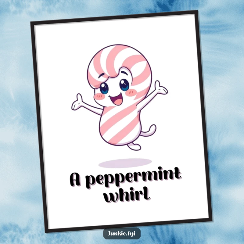 Funny candy cane digital art, a cheerful character twirling enthusiastically, festive and joyful printable.