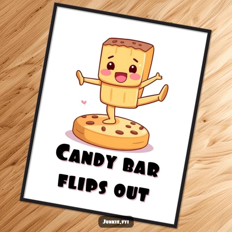 Funny Digital Art Print of a delighted candy bar performing gymnastics on a cookie, bringing dynamic and sweet fun to any decor.