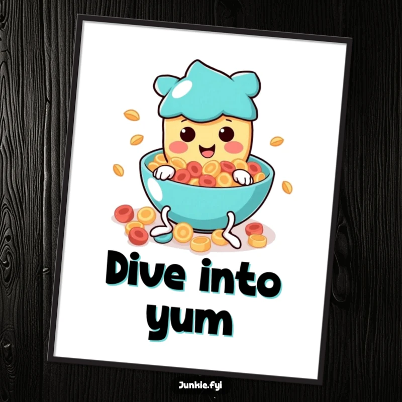 Funny Digital Art Print: A smiling food character with wiggly legs gleefully dives into a swirling bowl of colorful cereal.