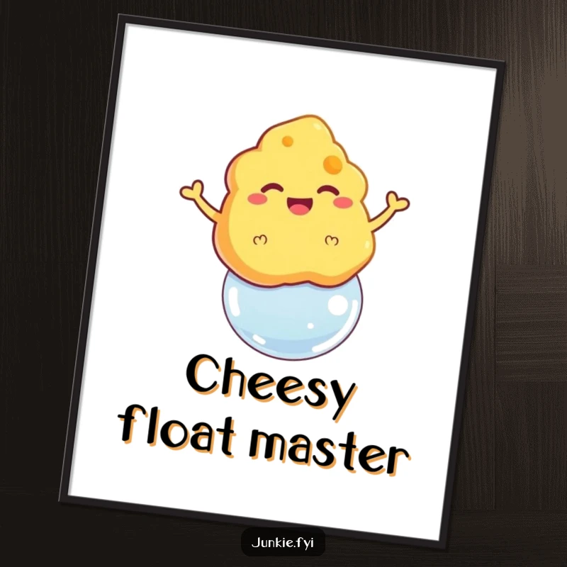 Funny digital art print of a grinning cheese puff floating triumphantly on a bubble, full of cheerful energy.