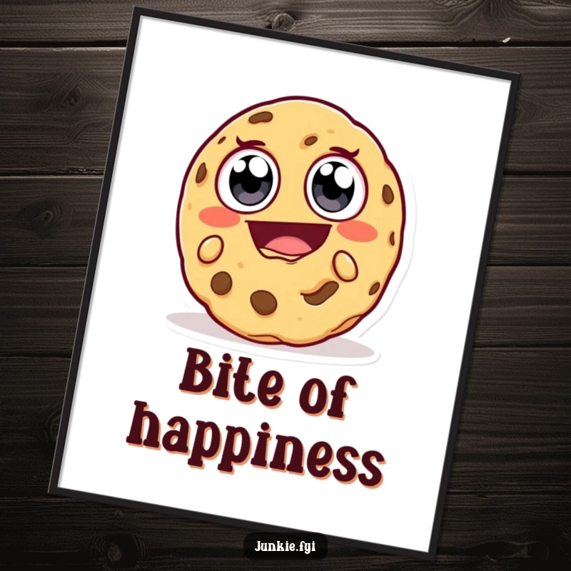 Funny Digital Art Print: A happy cookie character with large eyes takes a massive, delighted bite, creating a humorous and appetizing visual.