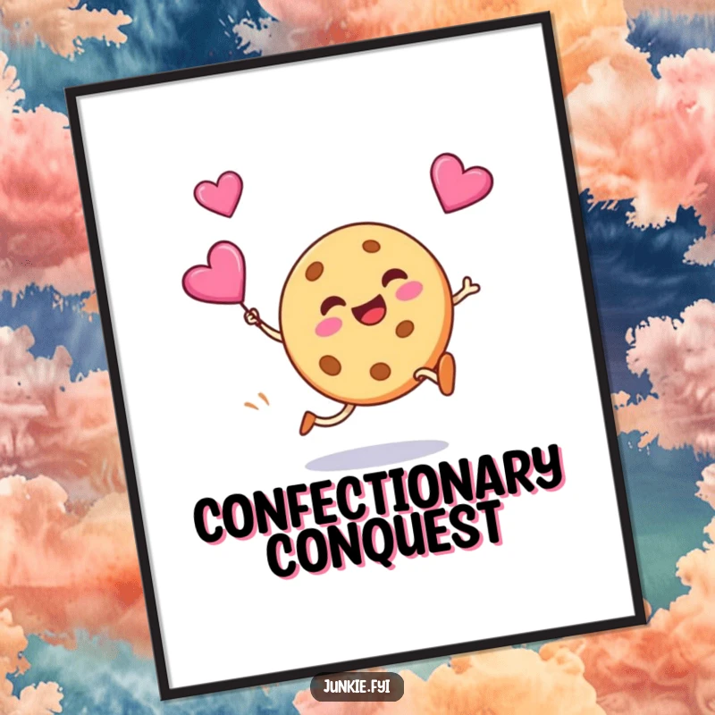 Funny digital art print of a silly cookie grinning as it kicks a flying candy heart, a charming piece of sweet art.